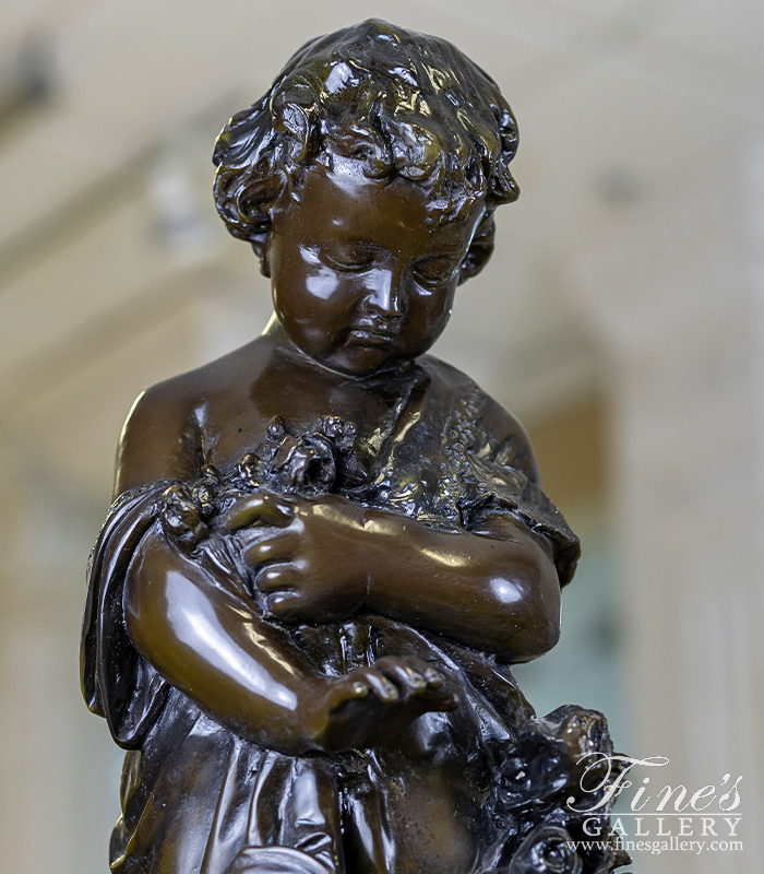 Bronze Statues  - A Child With Flowers In Museum Quality Vintage Bronze - BS-1581